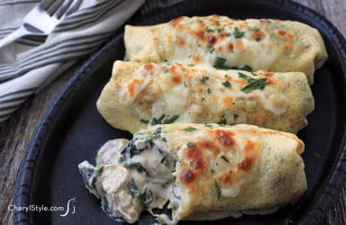 Savory chicken crepes with spinach and mushrooms