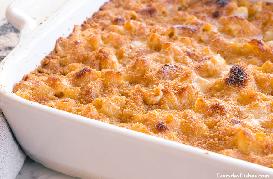 Baked macaroni and cheese dish topped with breadcrumbs