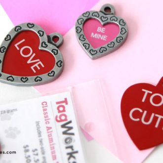 Some inexpensive DIY dog tags made as Valentine's Day gifts.