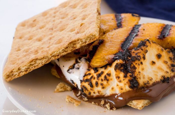A delicious grilled peach-topped s'more.