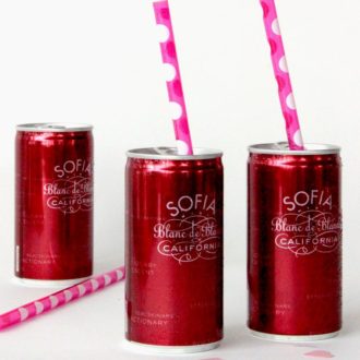 Some Sofia champagne cans with pink straws in them.