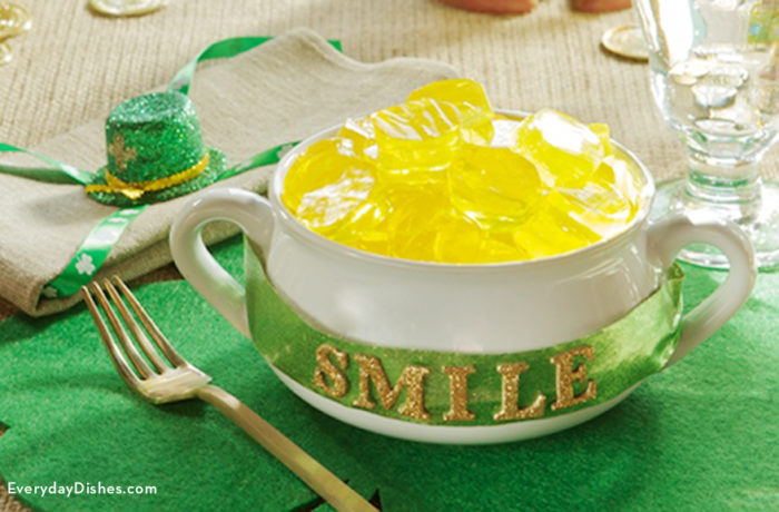Some gold Jello coins, in a little "pot," a cute and fun St. Patrick's Day dessert.