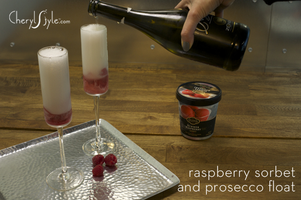 Two glasses of a delicious raspberry sorbet and prosecco float.