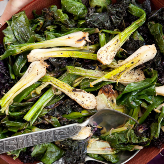 A delicious wilted greens with spring onions salad.