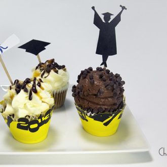 Some cute DIY cupcake toppers and wrappers for a graduation party.