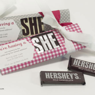 Two Hershey's chocolate bar baby shower invitations.