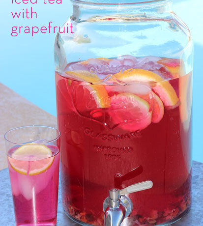 A container of grapefruit and rooibos iced tea — a refreshing spin on a tasty classic.