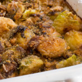A dish of delicious, homemade bacon and blue cheese brussels sprouts.