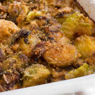 A dish of delicious, homemade bacon and blue cheese brussels sprouts.