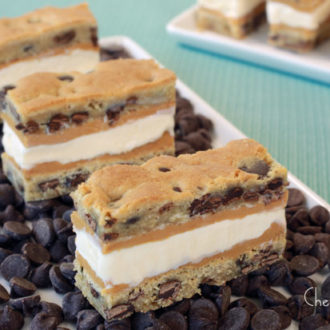 Chocolate chip cookie ice cream sandwiches with peanut butter.