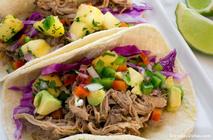 Slow cooker pulled pork tacos with jalapeno pineapple salsa