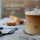 A glass of delicious vanilla almond iced coffee.