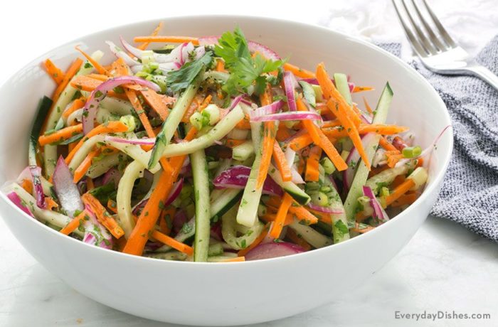 A bowl of delicious carrot cucumber veggie slaw