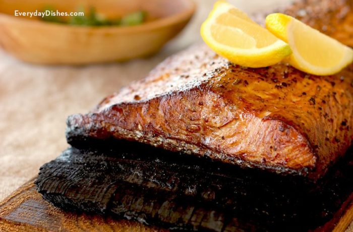 A delicious cedar plank grilled salmon, ready to serve for dinner.
