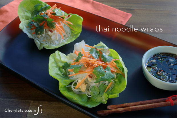 Easy Thai lettuce wraps with chicken and rice noodles, on a plate and ready to serve.