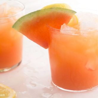 Two glasses of a fruity watermelon cocktail