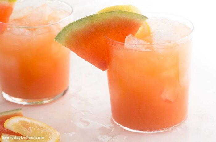 Two glasses of a fruity watermelon cocktail