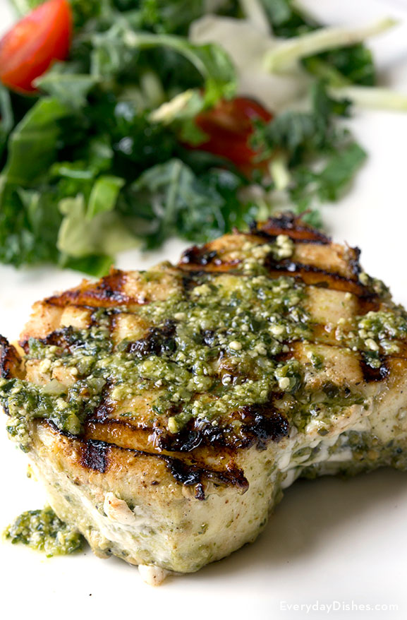 Grilled halibut with pesto sauce