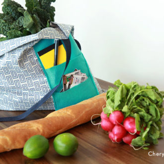 A DIY pillowcase shopping bag that's filled with groceries.