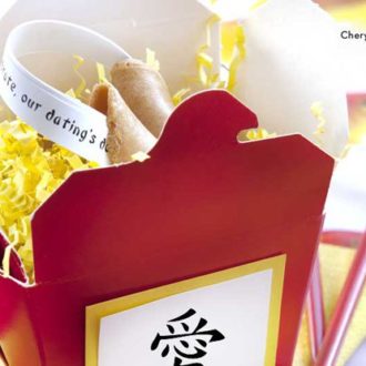 A DIY Chinese New Year party invitation that looks like a takeout box.
