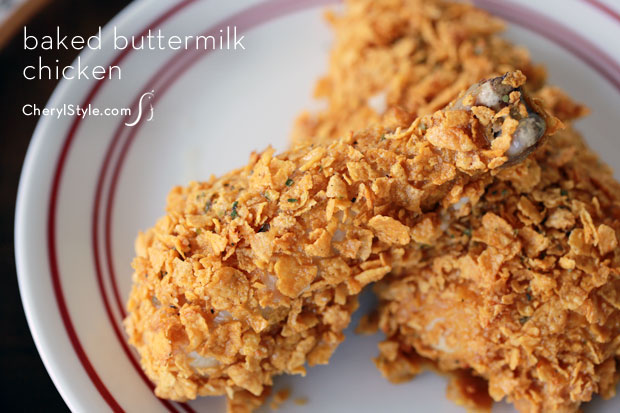 A plate of moist baked buttermilk chicken with cornflakes and homemade seasonings