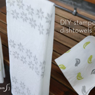 A set of DIY hand-stamped dishtowels
