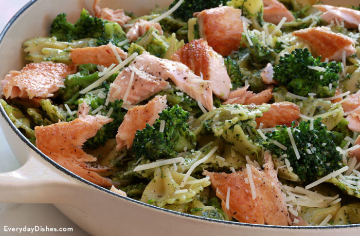 A delicious bowl of freshly made salmon pesto pasta with broccoli