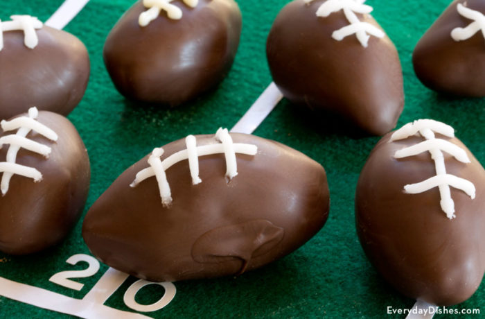 Chocolate peanut butter footballs — a tasty treat for a Super Bowl party.