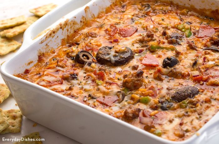 A pan full of a delicious supreme pizza dip.