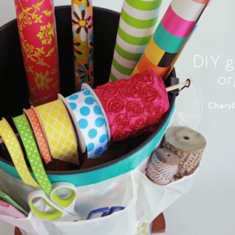 DIY wrapping paper organizer with ribbon holder