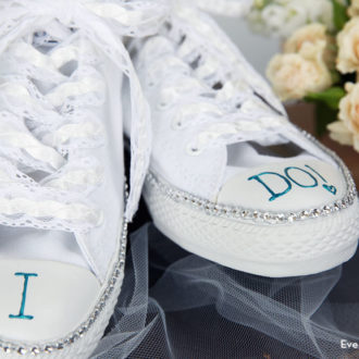 An adorable bling DIY bride sneakers for your wedding day or as a gift for a bachelorette.