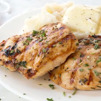 A plate with a serving of grilled Guinness chicken, a healthy dinner.