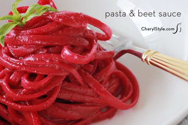 A plate of delicious linguine with roasted beet sauce, ready to be enjoyed.