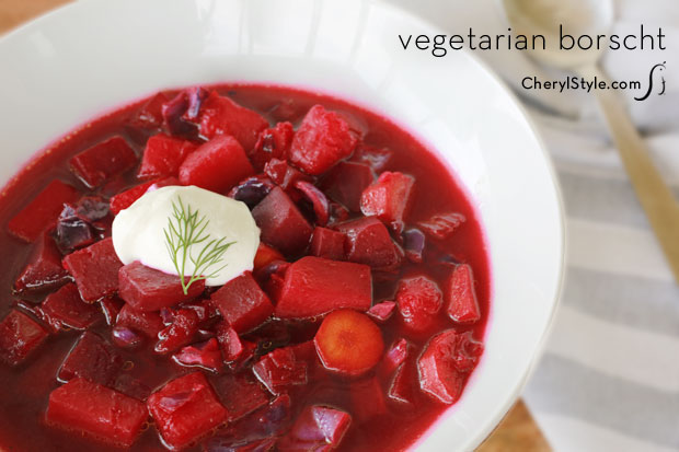 A bowl of a healthy and hearty vegetarian borscht soup