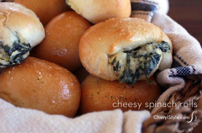 Easy spinach and cheese stuffed rolls using pre-made dough makes a healthy snack or appetizer.
