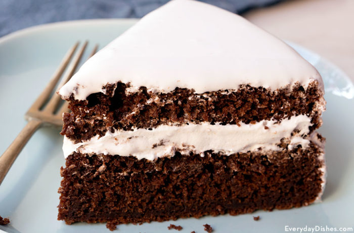 A delicious and super moist homemade chocolate cake slice.