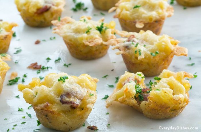 A homemade batch of bacon macaroni and cheese bites, a great appetizer.