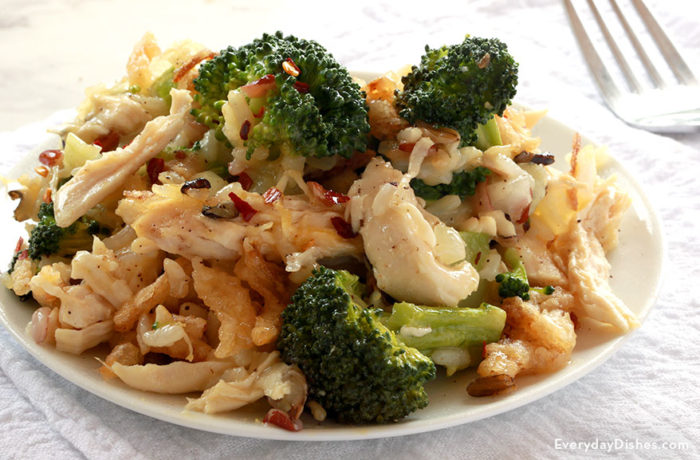 A plate with a serving of chicken wild rice broccoli casserole — the perfect dinner.