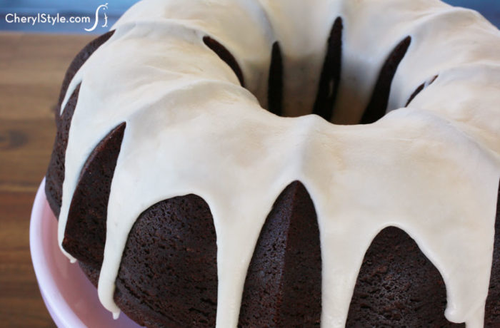 Rich chocolate bundt cake with sour cream.