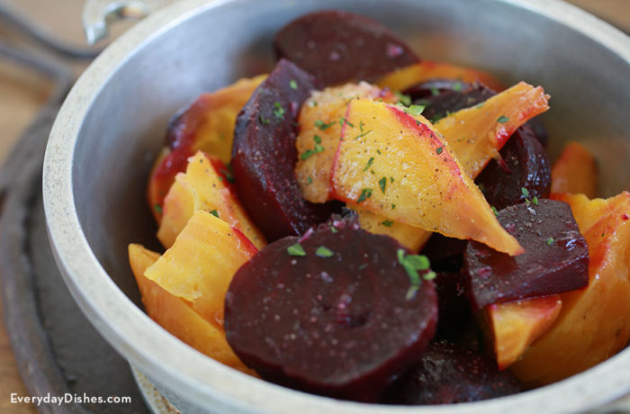 A bowl of beets that were roasted in a dutch oven.