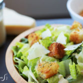 Eggless caesar salad dressing with homemade croutons, ready to enjoy.