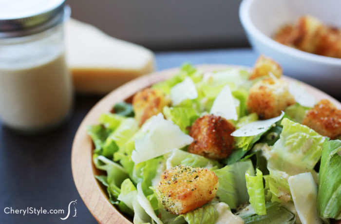 Eggless caesar salad dressing with homemade croutons recipe