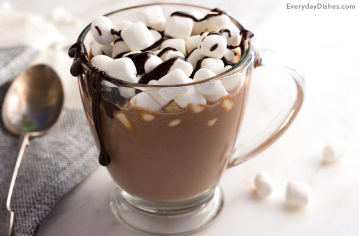A delicious mug of chocolate hazelnut hot cocoa with marshmallows and chocolate sauce.