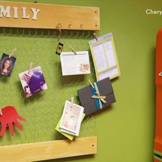 A DIY framed chicken wire display for photos, recipes, and more.