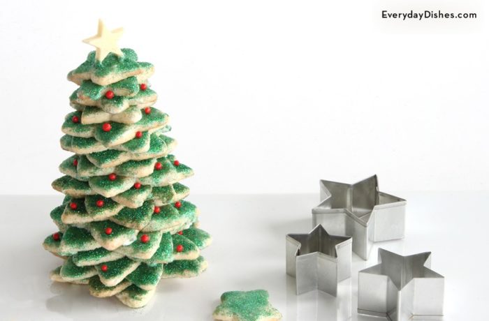 A Christmas tree made out of stacked sugar cookies.