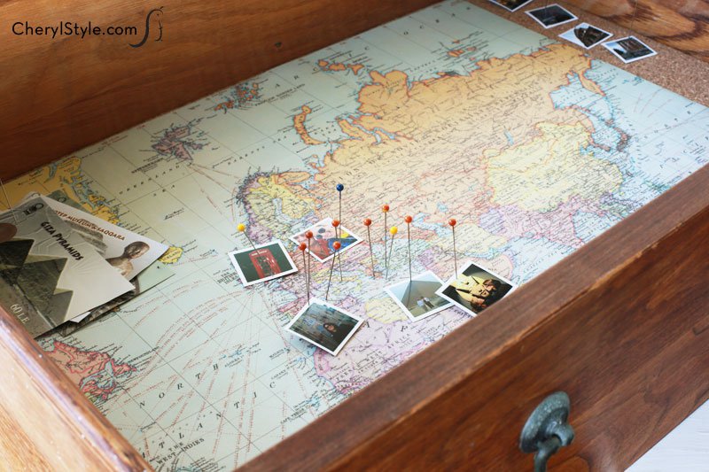 DIY shadow box drawer lined with cork and a map to mark your travels   |  Everyday Dishes & DIY.com