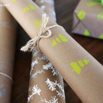Hand stamped gift wrap made using DIY stamps.