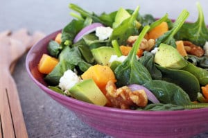 This flavorful #spinach and #ButternutSquash with #avocado salad is calorie conscious like a salad but eats like a meal. recipe on www.Everyday Dishes & DIY.com