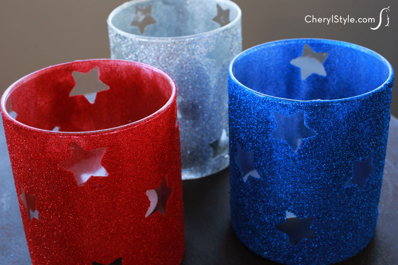 #upcycled #DIY #patriotic #candle holders using star stickers & glitter  |  Everyday Dishes & DIY.com