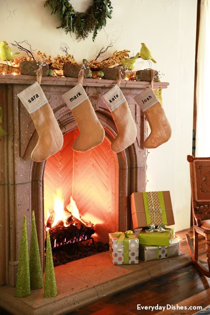 Rustic mantle with DIY paver stocking hangers